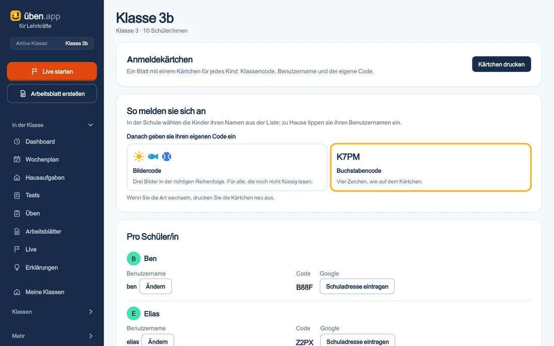 Der Anmeldebildschirm einer Klasse: Karten drucken, Bildercode oder Buchstabencode, und pro Kind Name und Code.